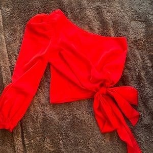 Red silk one shoulder top with bow